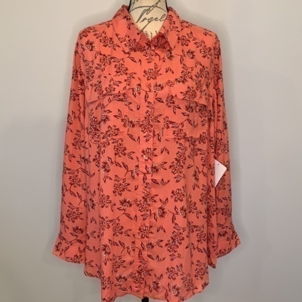 NWT Woman Within button front utility shirt floral roll tab sleeves 18/20 L